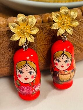 Matryoshka Russian Doll Drop Earrings with Gold Flower Studs - Red and Gold